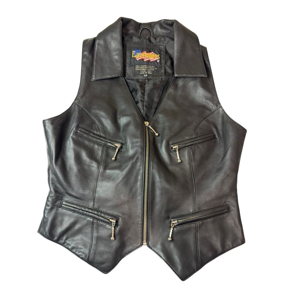 Sz Large Women’s Easy Riders Black Leather Moto Zip Vest Motorcycle READ